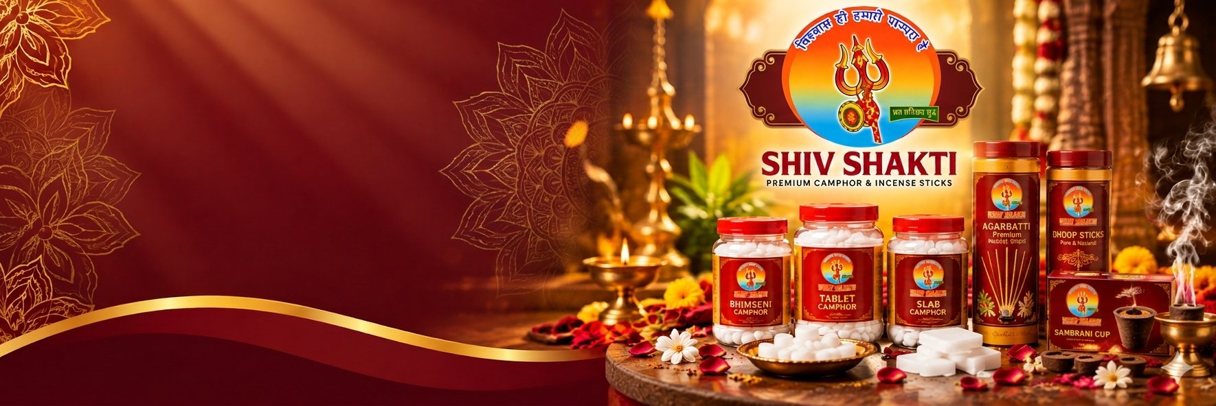 Shiv Shakti camphor and incense range in a temple setting